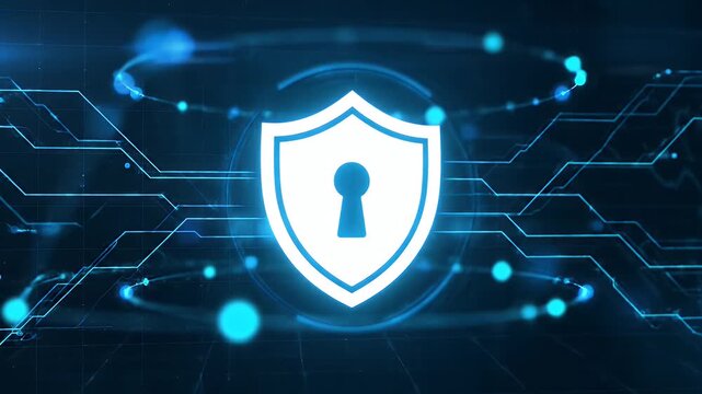 Cyber security and data protection shield icon glowing on a dark digital backgrounds