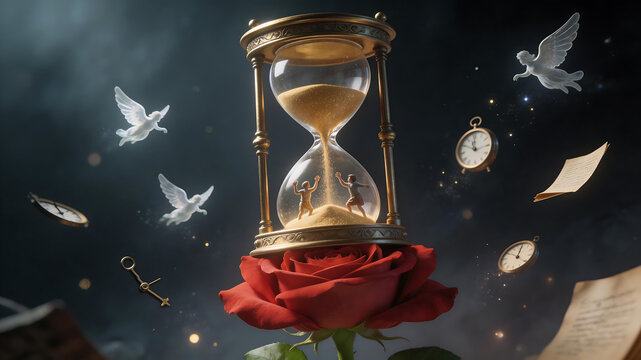 Hourglass with rose and flying figures symbolizing freedom, adventure, and the open road