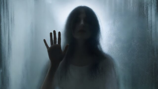 Blurred ghostly woman presses her hand against misted glass in cold light. Ideal for horror posters, thriller covers, paranormal stories, and Halloween ads.