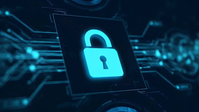 cybersecurity data protection concept with the glowing blue padlock on digital board