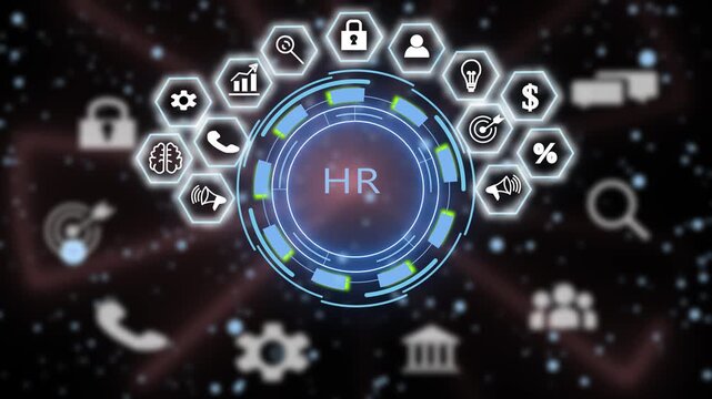 Dynamic human resources management digital interface featuring animated corporate and futuristic data analytics hud for business recruitment and talent strategy