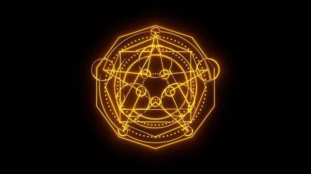 Neon glowing emblem. Mystical geometry symbol. Linear alchemy, occult, philosophical sign.