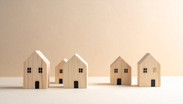 Small wooden houses separated on a flat surface representing social distance