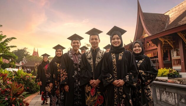 Diverse group of graduates in academic regalia celebrating graduation day outdoors.