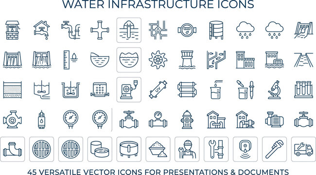 Water Infrastructure Icons, Vector Illustrations, 45 Versatile Symbols, Blue Graphics