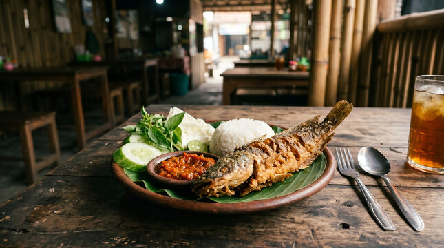 Traditional Indonesian pecel lele with crispy fried catfish and sambal in rustic street food style. Ideal for culinary, tourism, and restaurant branding.