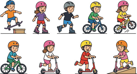 Kids Extreme Outdoor Sports Cartoon Set with Skateboarding, Roller Skating, Cycling, and Scooter Riding Activities for Healthy Lifestyle and Childhood Recreation Designs © MdSumon