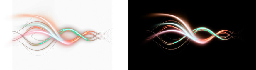 Naklejka premium PNG isolated image of Abstract glowing light waves with flowing neon lines, dynamic energy motion trails in teal and orange, futuristic digital sound wave design isolated on Transparent