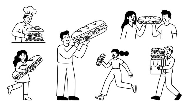 Outline sub sandwich vector set with characters holding huge meals, chef cooking, woman running and courier delivering fast food in line art.
