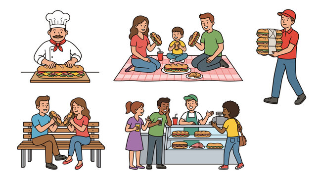 Cartoon sub sandwich vector set featuring chef making huge meal, food delivery boy, family picnic and friends eating at fast food restaurant.