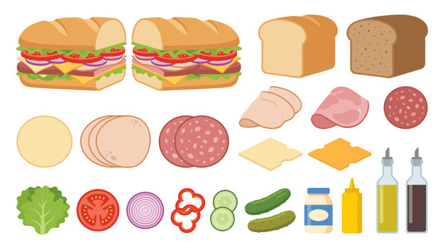 Flat sub sandwich vector collection with white and whole wheat bread, sliced meat, fresh veggies, cheese and condiments for restaurant menu.