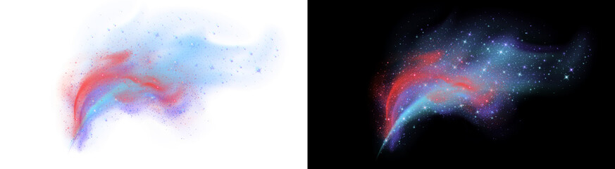 Obraz premium PNG image of Cosmic nebula dust cloud with glowing stars, ethereal blue and red smoke trail, magical energy burst for sci-fi and fantasy backgrounds isolated on Transparent Background
