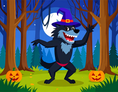 Dancing cartoon werewolf in spooky Halloween forest.