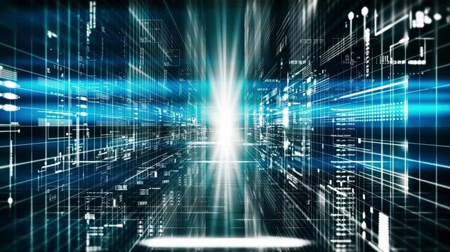 Futuristic 4K digital tunnel with glowing data streams and grid lines, ideal for technology, AI, innovation, cybersecurity, cloud computing, and digital transformation concepts.