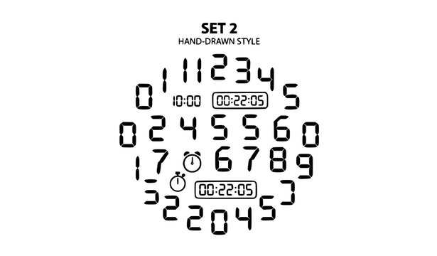 Hand drawn electronic digital clock numbers and alarm timer vector symbol collection