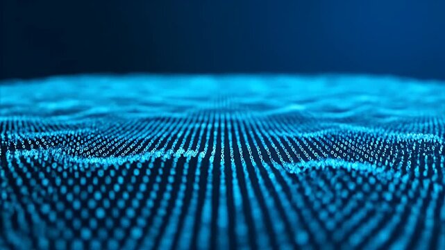 binary code wave concept with glowing blue digital data flowing on a dark background