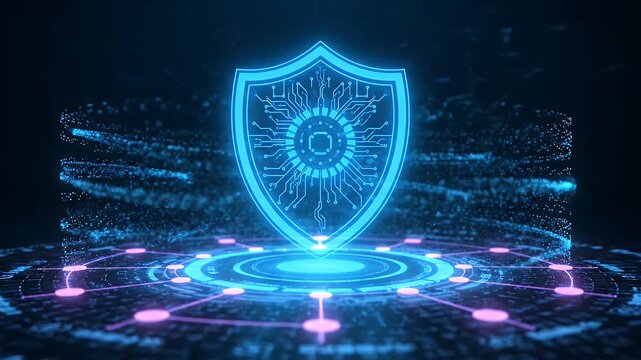 Cyber security shield concept with glowing digital interface and network data points