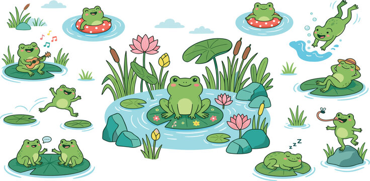 Cute Frog Life Vector Illustration Set Featuring Frogs Swimming Playing Guitar Sleeping and Relaxing in a Pond with Lily Pads Lotus Flowers and Cattails for Kids Storybooks and Nursery Decor