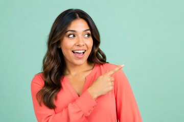 Obraz premium Excited Hispanic Woman Pointing in Pastel Mint Studio
