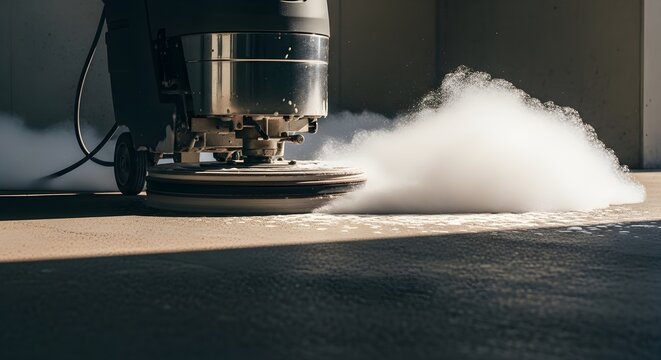 Commercial Floor Cleaning Machine Producing Steam on a Large Surface