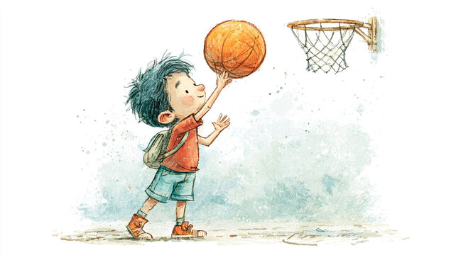  ボールを持ってシュートを目指す幼い男の子の姿を描いた、親しみやすいイラスト作品、スポーツに夢中になる子どもの日常を伝える生活風景、保育素材、児童向け、成長記録、水彩イラスト、手描き、子ども、男の子、バスケットボール、ボール遊び、スポーツ、シュート、ミニバス、友達、兄弟、運動、成長、笑顔、かわいい、日常、人物、キッズ、遊び、教育、保育、児童、習い事、挿絵、絵本風、広告、ブログ、ストック素材、商用利