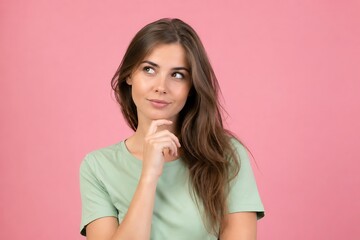 Fototapeta premium Thinking Woman Portrait in Pastel Pink Studio