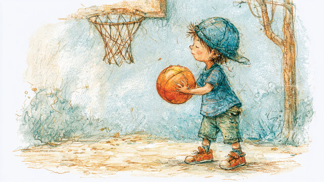 小さな男の子たちがバスケットボールで楽しく遊ぶ様子を描いた、やさしい雰囲気の児童向けイラスト作品、運動の楽しさと成長を感じる生活シーン、教育素材、未就学児向け、水彩イラスト、手描き、子ども、男の子、バスケットボール、ボール遊び、スポーツ、シュート、ミニバス、友達、兄弟、運動、成長、笑顔、かわいい、日常、人物、キッズ、遊び、教育、保育、児童、習い事、挿絵、絵本風、広告、ブログ、ストック素材、商用利用
