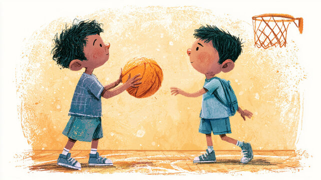リングを見上げながらボールを持つ男の子や友達同士の遊びを描いた、ぬくもりあふれるイラスト作品、子どもの挑戦と笑顔が伝わる場面、教育素材、児童向け、園児、遊び方、水彩イラスト、手描き、子ども、男の子、バスケットボール、ボール遊び、スポーツ、シュート、ミニバス、友達、兄弟、運動、成長、笑顔、かわいい、日常、人物、キッズ、遊び、教育、保育、児童、習い事、挿絵、絵本風、広告、ブログ、ストック素材、商用利用