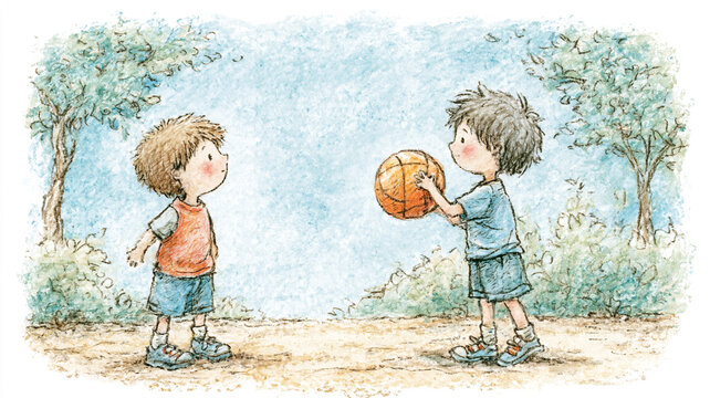 小さな男の子たちがバスケットボールで楽しく遊ぶ様子を描いた、やさしい雰囲気の児童向けイラスト作品、運動の楽しさと成長を感じる生活シーン、教育素材、未就学児向け、水彩イラスト、手描き、子ども、男の子、バスケットボール、ボール遊び、スポーツ、シュート、ミニバス、友達、兄弟、運動、成長、笑顔、かわいい、日常、人物、キッズ、遊び、教育、保育、児童、習い事、挿絵、絵本風、広告、ブログ、ストック素材、商用利用