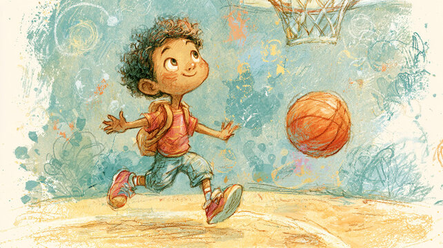 小さな男の子たちがバスケットボールで楽しく遊ぶ様子を描いた、やさしい雰囲気の児童向けイラスト作品、運動の楽しさと成長を感じる生活シーン、教育素材、未就学児向け、水彩イラスト、手描き、子ども、男の子、バスケットボール、ボール遊び、スポーツ、シュート、ミニバス、友達、兄弟、運動、成長、笑顔、かわいい、日常、人物、キッズ、遊び、教育、保育、児童、習い事、挿絵、絵本風、広告、ブログ、ストック素材、商用利用