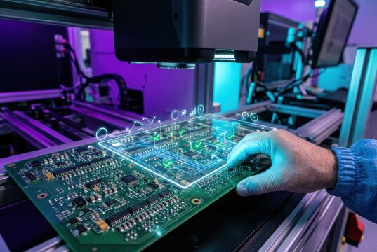 Printed circuit board undergoing automated inspection in a modern factory for semiconductor manufacturing, quality control and electronic engineering presentations