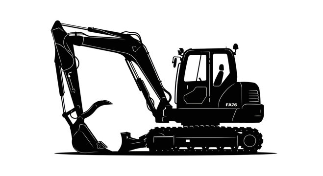 Compact Excavator Silhouette Isolated on White Background