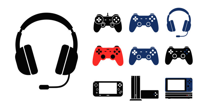 Gaming Accessories Collection: Headphones, Controllers, Console, Laptop