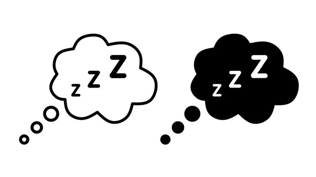 Sleep thought bubble icon set with black and white dreaming cloud symbols on gray background