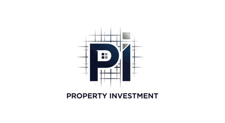 Fototapeta premium Property Investment Logo with House Icon and Blueprint Grid