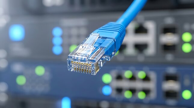 Close-up of blue ethernet cable connector plugged into network switch with illuminated LED lights