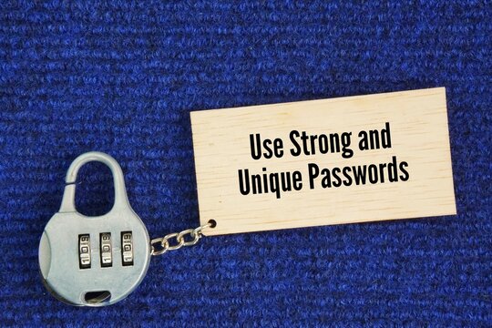 Locks and wooden tags with the words Use Strong and Unique Passwords. creating complex, long, and distinct login credentials for every single online account to prevent unauthorized access