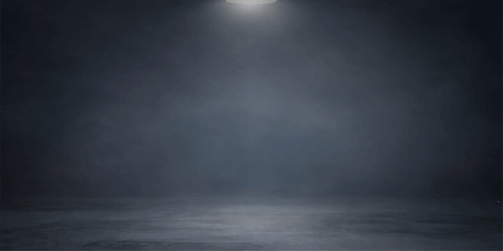 An abstract night backdrop featuring a dark concrete wall in a misty room illuminated by soft light through a swirling storm of blue smoke and gray fog