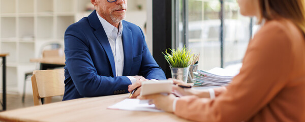 Fototapeta premium Businessman having interview with female recruiter in modern office