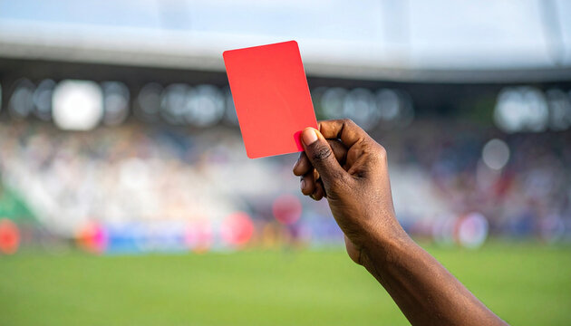 Referee Holding Up a Red Card During a Football Match in a Stadium. 
