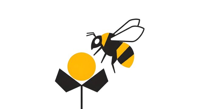 Minimalist vector illustration of bee pollinating a flower