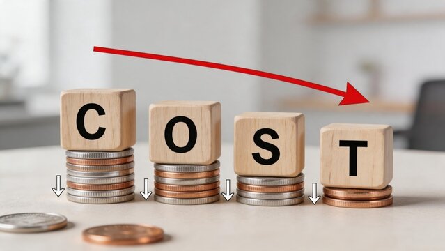 Cost reduction business concept with wooden blocks spelling cost on decreasing stacks of coins and red arrow pointing down for financial savings