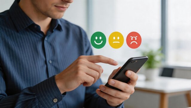 Businessman selecting customer satisfaction rating on smartphone app, choosing positive feedback icon, digital user experience concept