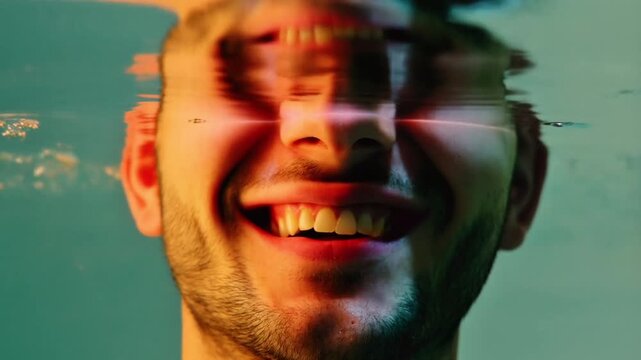 Smiling man's face partially underwater with digital glitch and bright light effect