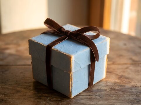 Sky Blue Gift Box with Orange Satin Ribbon Wrapped Present on Clean Minimal Background