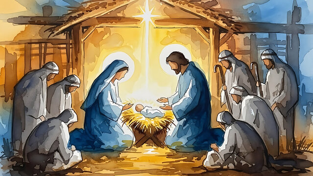 Artistic abstract watercolor painting depicting the holy nativity scene with Virgin Mary Saint Joseph and humble shepherds gathered around infant Jesus Christ in a sacred stable manger.