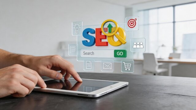SEO search engine optimization concept on tablet, digital marketing strategy with keywords and ranking tools for website traffic growth and online visibility improvement in