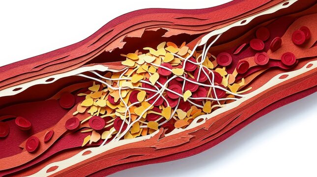 Blood clot formation depicted colorful, artistic representation, showcasing red blood cells, platelets, and fibrin strands within blood vessel. This illustration highlights intricate process