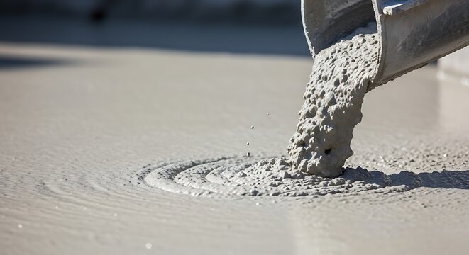 Close-up of fresh wet concrete pouring from a chute onto a construction site