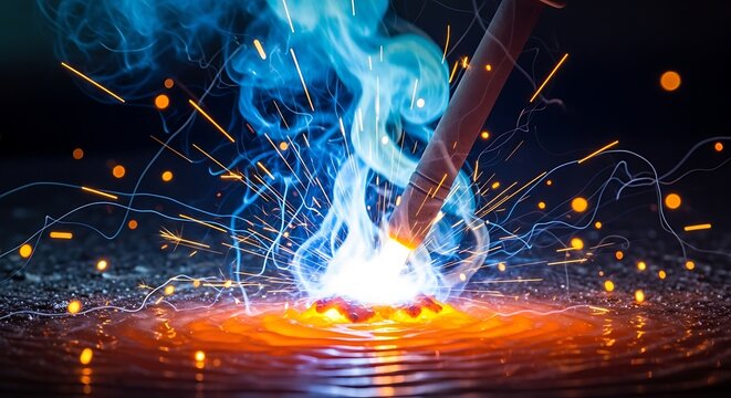 Close-up of welding process with intense sparks and blue smoke